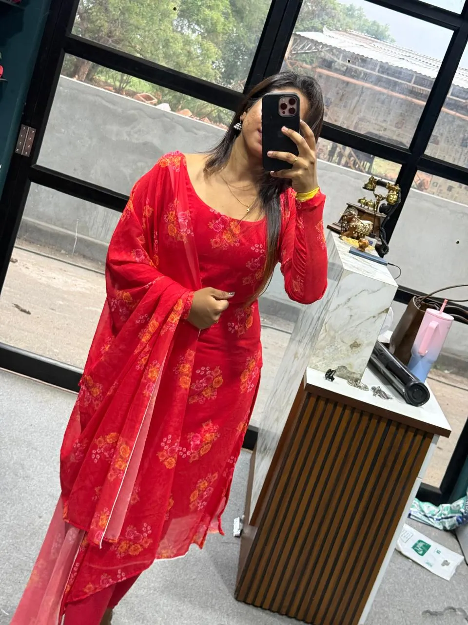 KWS-Fluorescent red printed kurti